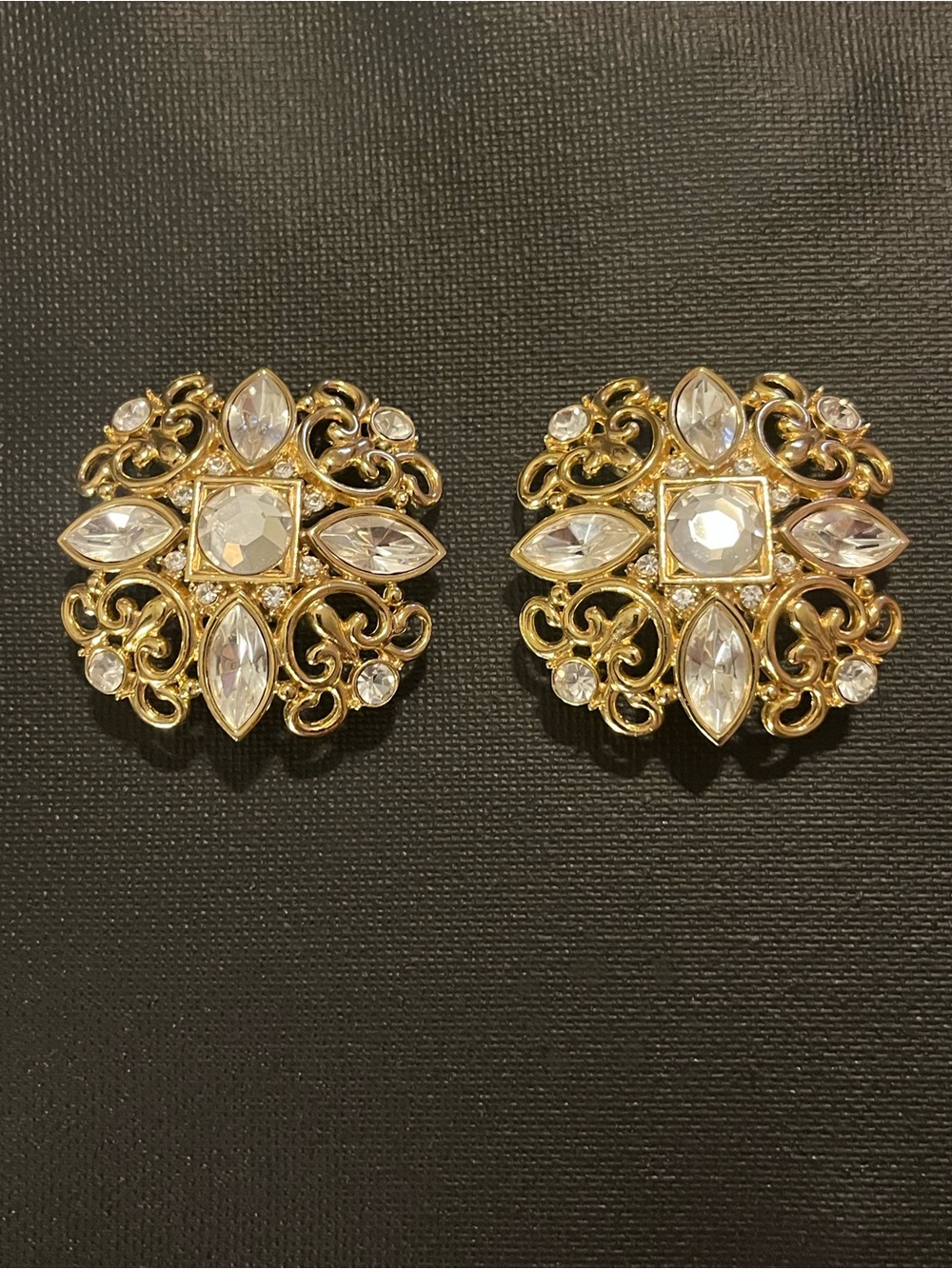 Gold and Clear Crystal Filigree Button Clip-On Elegant Earrings 2”